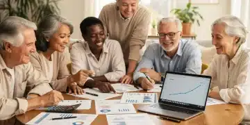 Group of happy retirees reviewing financial plans