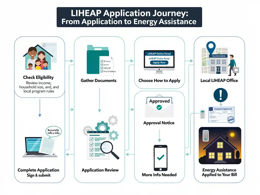 Infographic detailing the LIHEAP application process step-by-step for securing utility bill aid.