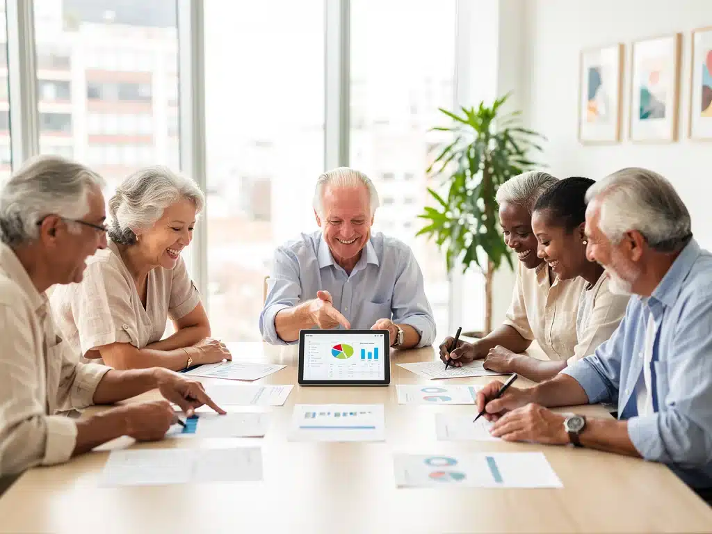 Group of retirees discussing pension documents and financial planning