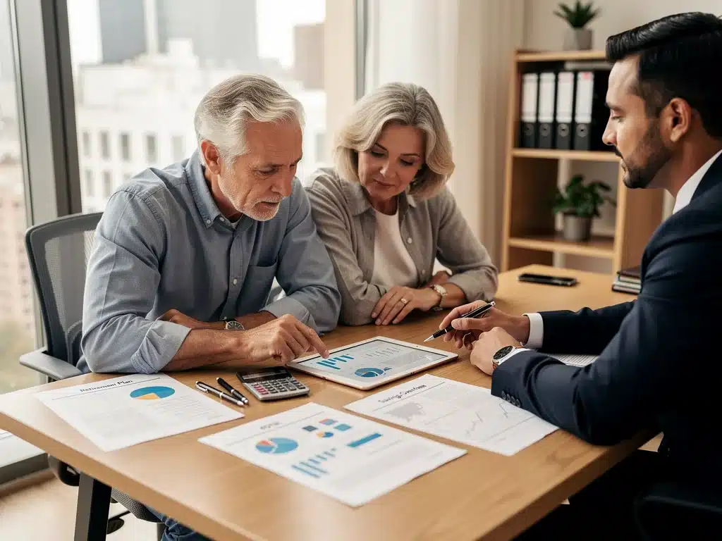 Couple consulting financial advisor about retirement benefits