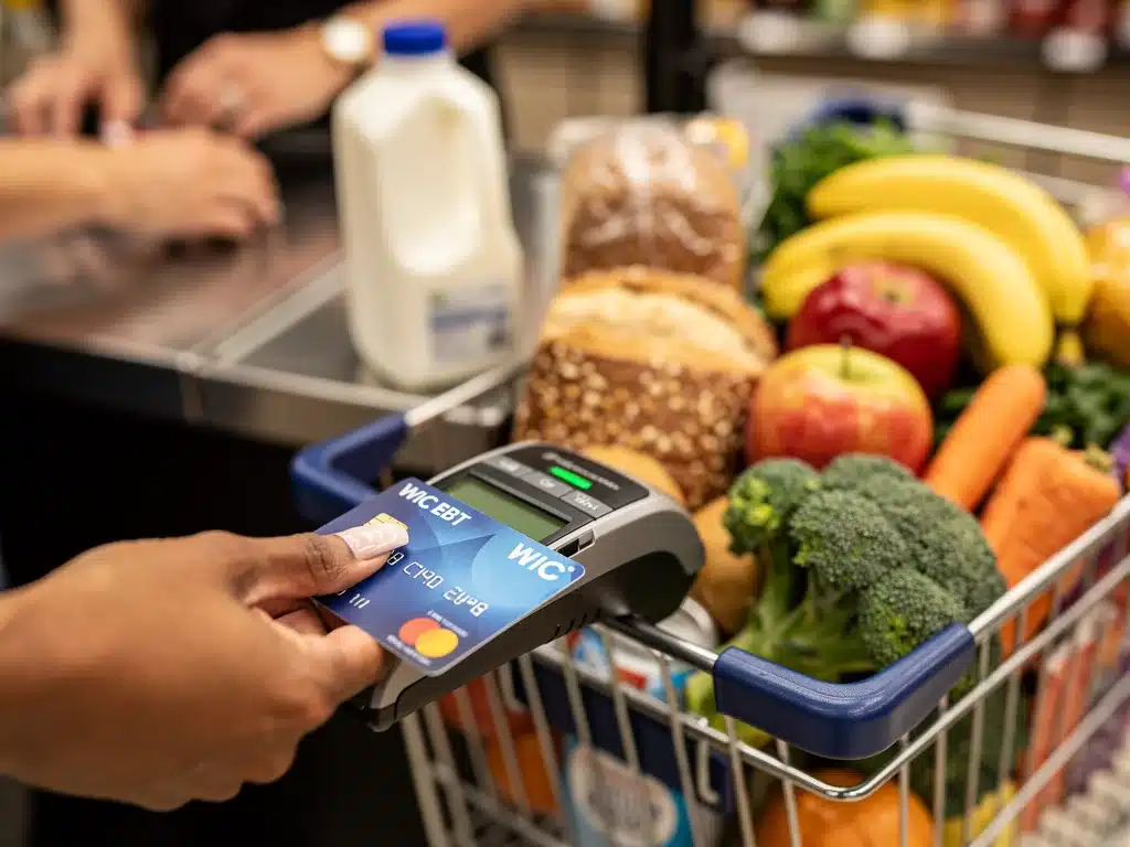 WIC EBT card at grocery store with healthy food