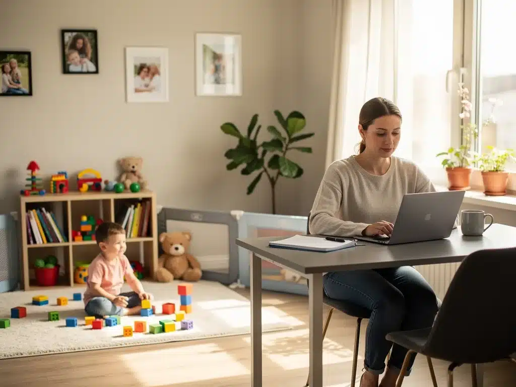 Working parent balancing professional duties with child care responsibilities at home.