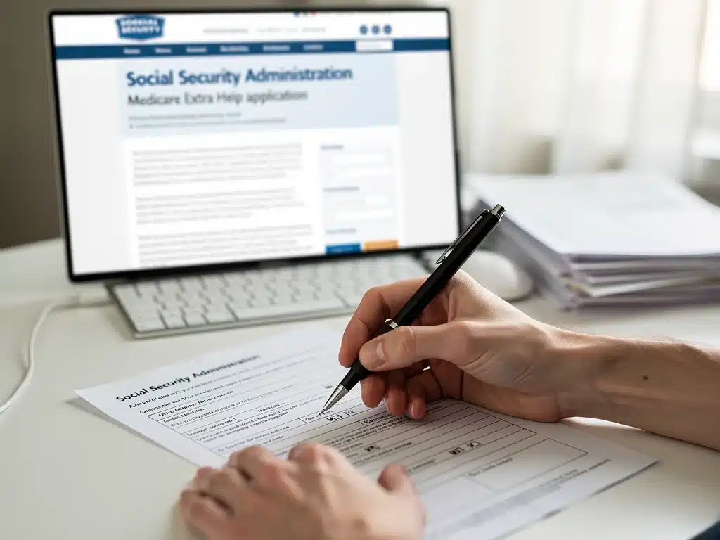 Individual completing online application for Medicare Extra Help benefits.