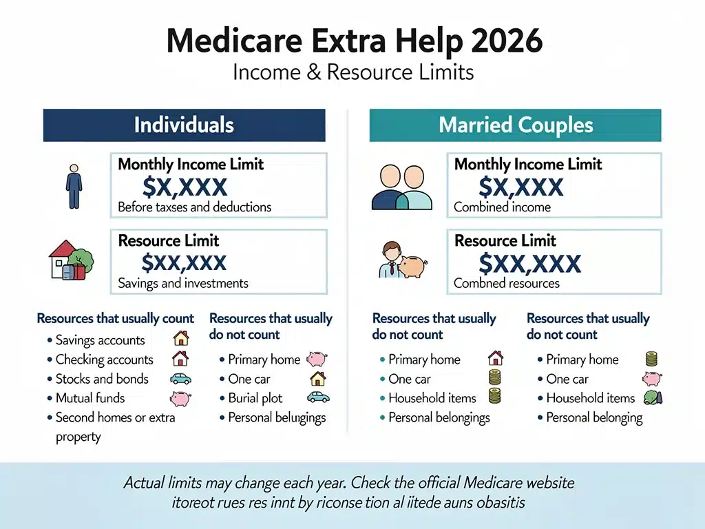 Chart detailing 2026 Medicare Extra Help income and resource limits.